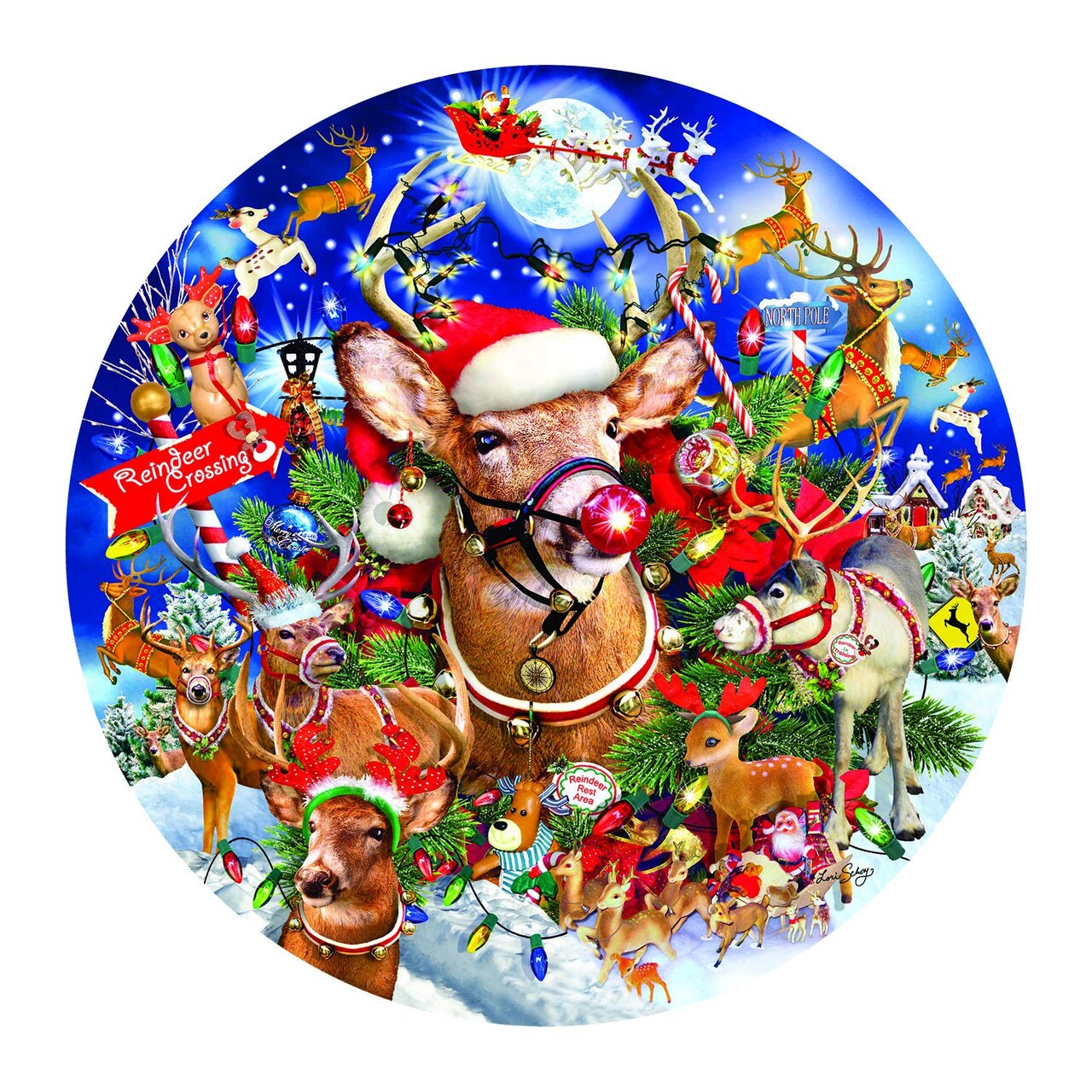Sunsout Reindeer Madness 1000 pc Round Christmas Jigsaw Puzzle 35114